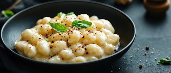 Creamy Gnocchi with Basil and Peppercorns in a Black Bowl