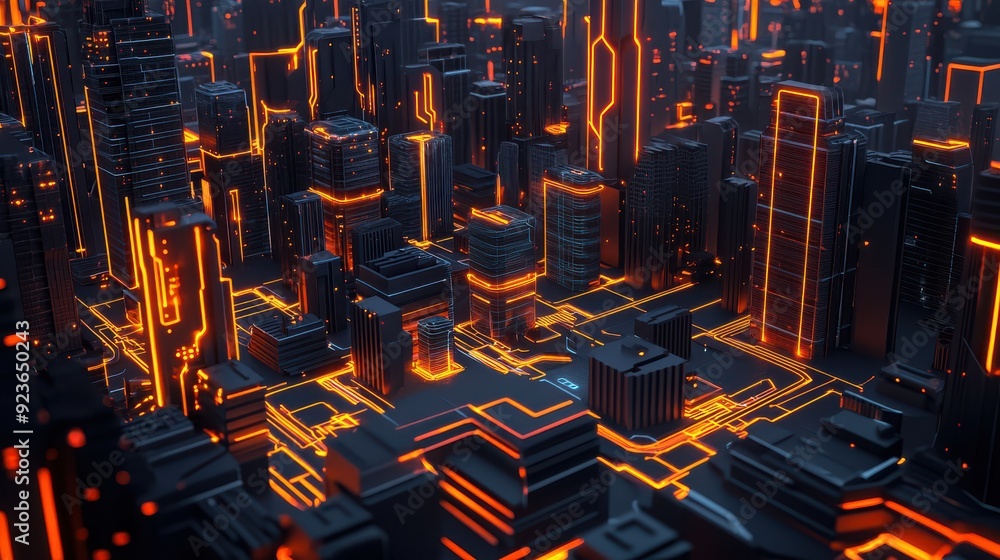 Poster a futuristic cityscape powered by ai, with glowing circuit lines running through buildings, symboliz