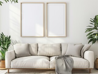 Fototapeta premium A beige sofa and coffee table complement the two elegant frame mockups in the living room