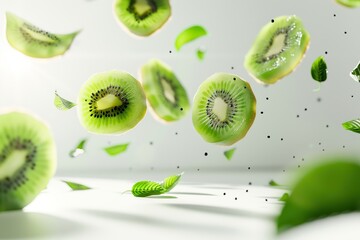Fresh kiwi fruit slices with green leaves falling in the air on white background