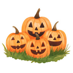 Fototapeta premium A vibrant illustration of four jack-o'-lantern pumpkins stacked on green grass, creating a festive Halloween decoration scene.