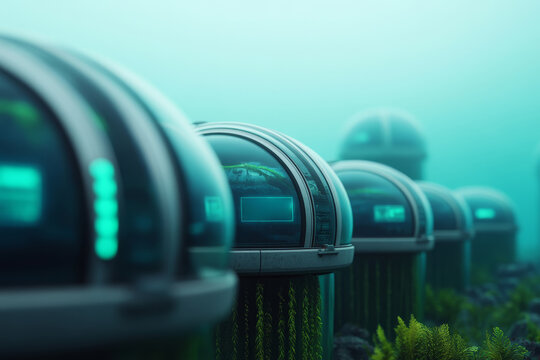 Futuristic submerged city with spherical glass habitats connected by translucent tubes, marine life integration, holographic signage, underwater farmers tending to vertical kelp farms, and manta