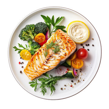 delicious somon fish with vegetables and sauce on plate  