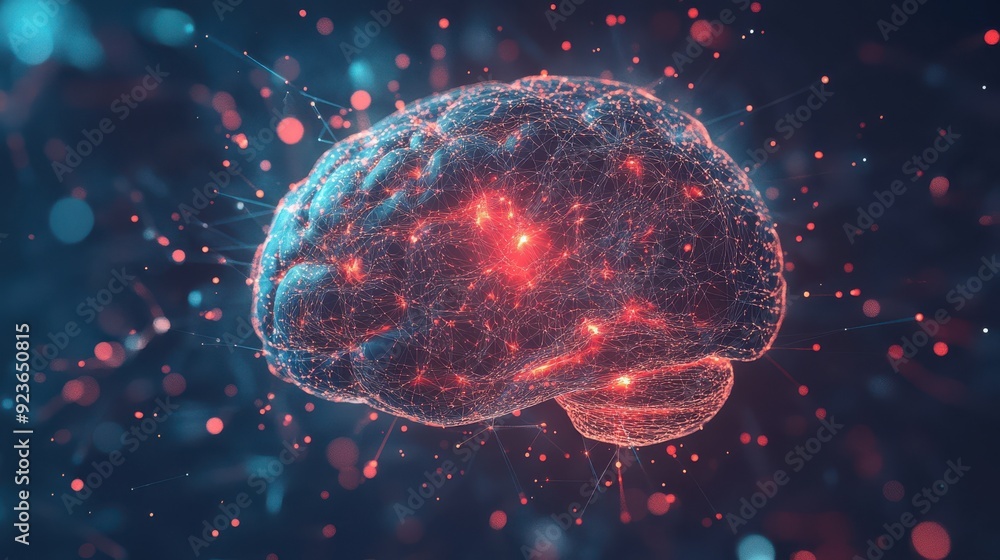 Poster A digital brain made of light, with AI-powered neural networks connecting around it, symbolizing advanced artificial intelligence, flat design illustration