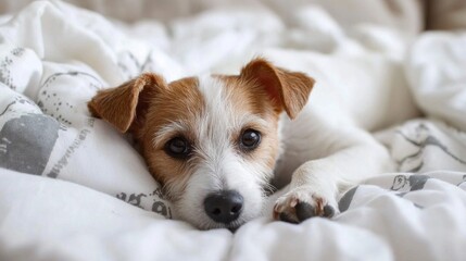Cute little dog jack russell terrier lies on the bed paws to the top cozy homely, in the bedroom