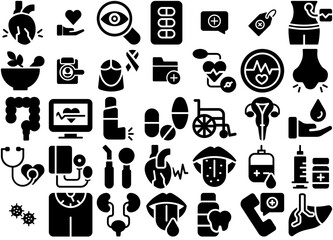 Set Of Diseases Diabetes Heart Attack Glyph Icons Isolated Silhouette Solid Icons With Organ,Healthcare,Heartbeat,Prescription,Medical-Equipment Set Vector Flat Line Icons