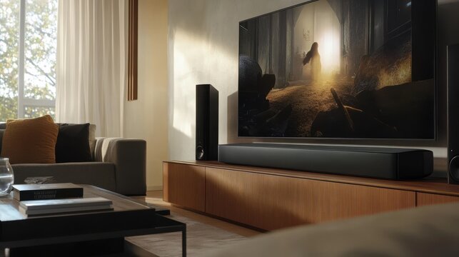 Modern Home Entertainment Setup with Flat-Screen TV and Soundbar in Stylish Living Room Interior - Powered by Adobe