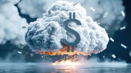 Creative cloud with dollar sign and money flying around, symbolizing financial growth, success, and digital economy.