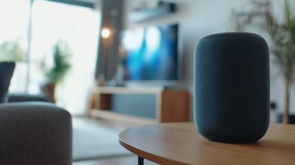 Seamless Home Entertainment Experience - Smart Speaker Voice Command in Cozy Living Room Setting