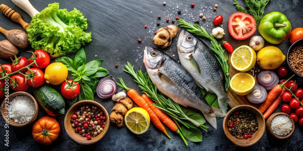 Wall mural Assortment of fresh ingredients for cooking, including fish and vegetables, on a black slate background, food, cooking