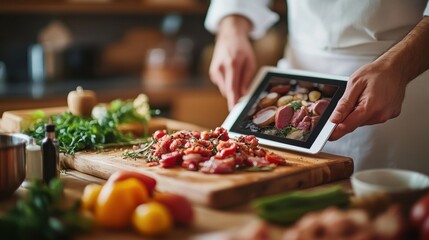 Modern Home Cooking: Person Streaming Cooking Tutorial on Tablet in Stylish Kitchen