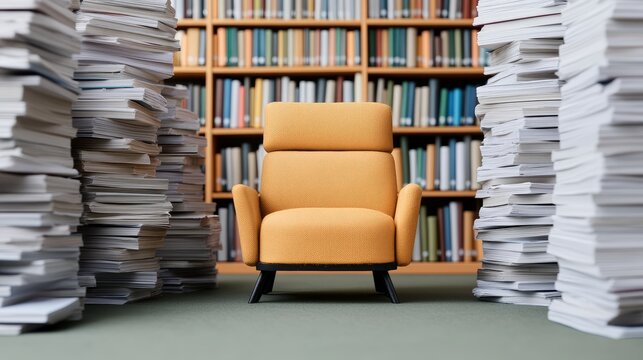 A miniature library with tiny books and shelves, surrounded by giant stacks of paper and a colossal reading chair