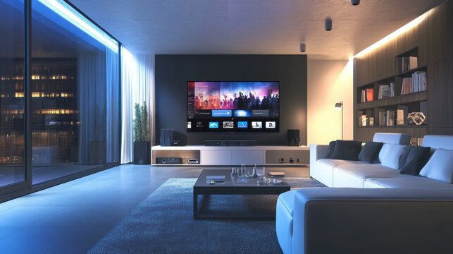 Futuristic Smart Home: High-Tech Living Room with Smart TV Streaming Movie, Minimalist Furniture, and Modern Gadgets