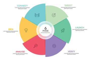 Pie Chart Glassmorphism Infographic Template With 6 Options, Steps, Parts, Segments. Vector Illustration For Business Financial Report.