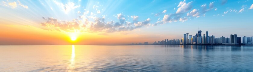 Obraz premium Stunning city skyline at sunrise with calm waters and vibrant sky, featuring modern skyscrapers and serene morning light.