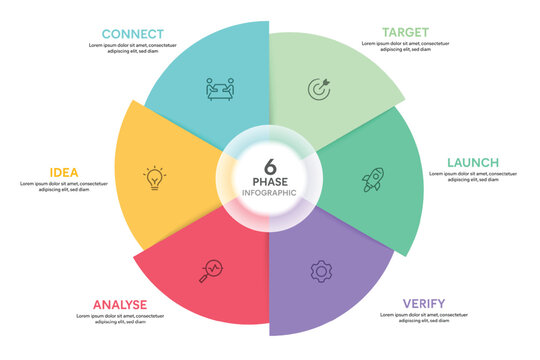 Pie Chart Glassmorphism Infographic Template With 6 Options, Steps, Parts, Segments. Vector Illustration For Business Financial Report.