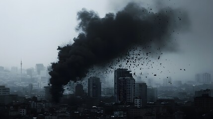 Devastating Urban Explosion Amid Towering Skyscrapers in Smoke-Filled City