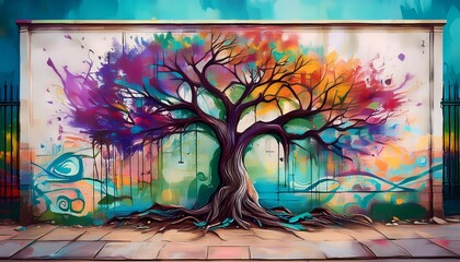 Graffiti tree illustration art on a park wall background with environmental style
