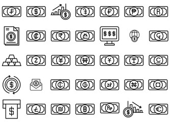 Set Of Linear Currency Isolated Silhouette Solid Icons With Coin,Currency,Finance,Money,Cash Outline Icons Collection. Simple Vector Illustration