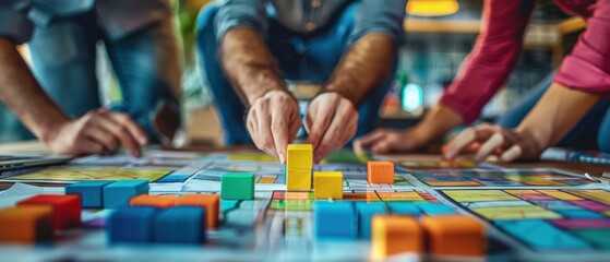 A group of people playing a strategy board game, focusing on placing colorful blocks on the game board in a cozy indoor setting.