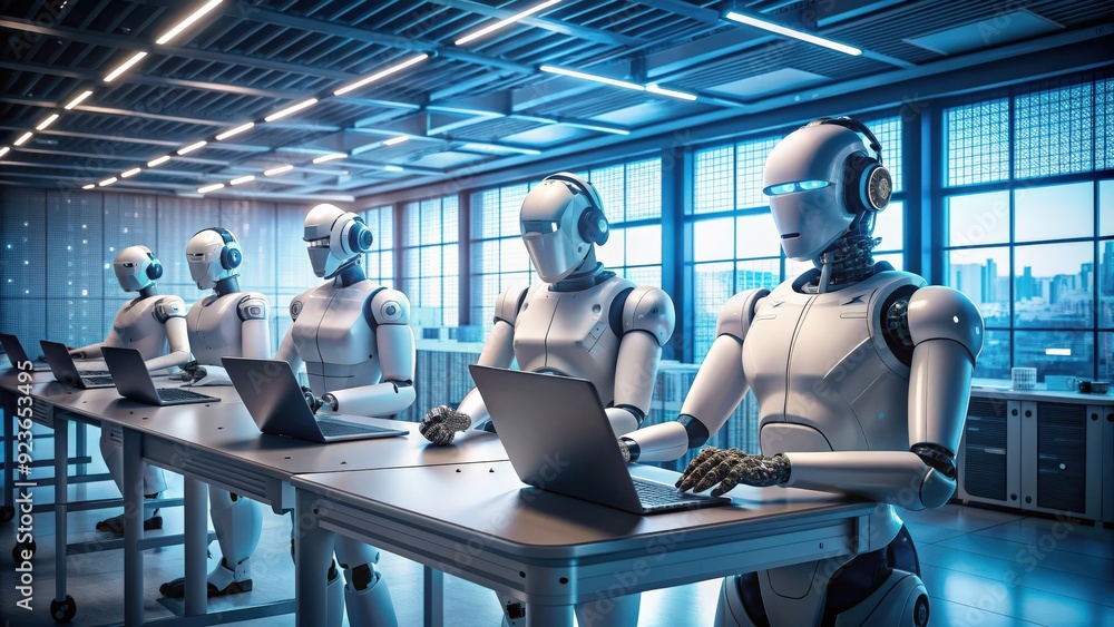 Aufkleber AI robots working in a modern tech environment, technology, artificial intelligence, robots, automation