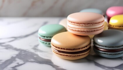 Obraz premium Macarons on Marble Surface Focus on colorful macarons on a marble surface, with a clean and elegant background, empty space right for text