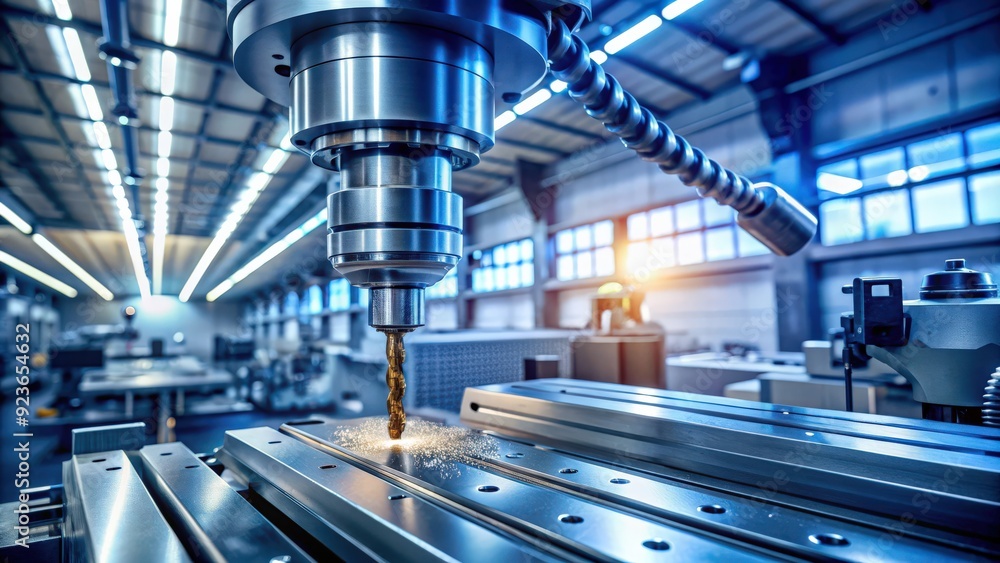 Poster close up of a futuristic automated drill in a tech factory, showcasing precision , automation, techn