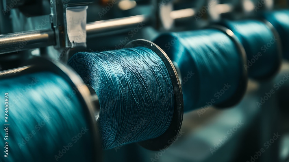 Poster turquoise threads neatly arranged on spools in a bustling textile workshop