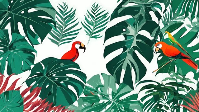 background with foliage from tropical forest, monstera, phylodendron with colour emerald green combine with apicrot crush, bird paradise, rangkong bird
