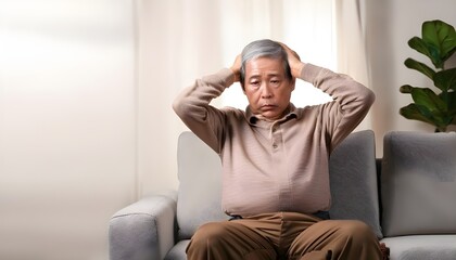 senior asian man or woman suffering from headache on sofa