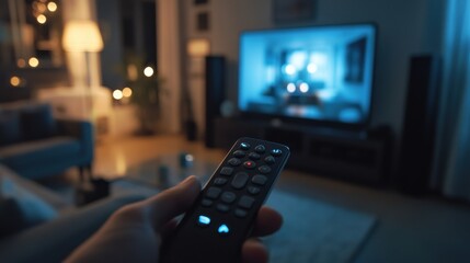 Relaxing at Home: Hand Holding Remote Control Pausing Movie on Smart TV in Cozy Living Room