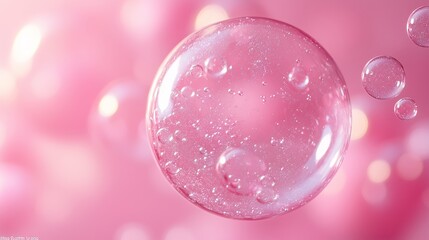 A close-up of a clear bubble floating against a pink backdrop with shimmering reflections of light