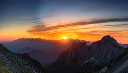 Mountain Sunset Focus on a beautiful sunset behind mountain peaks, with colorful skies