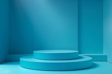 A minimalist blue stage with circular platforms, ideal for presentations or displays.