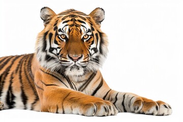 Fototapeta premium Porträt von einem liegenden Tiger vor weißem Hintergrund 
