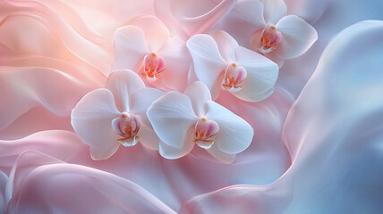 Obraz premium A close-up of delicate orchids intertwined with silk ribbons, creating a beautiful contrast between the soft petals and the smooth silk, perfect for 3D wallpaper. Ai generated