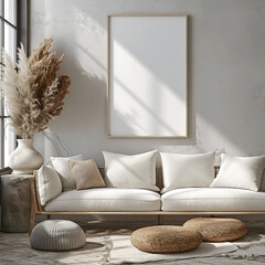 Aesthetic minimalist room interior design. Mockup picture frames. Mock up poster on the walls. Copy space. Scandi apartment for decoration. Neutral colors. Modern japandi style.