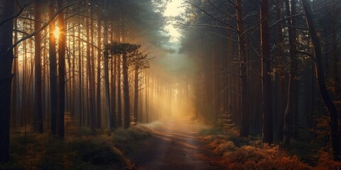 A serene forest pathway bathed in warm sunlight with tall trees on both sides forming a natural and tranquil tunnel.