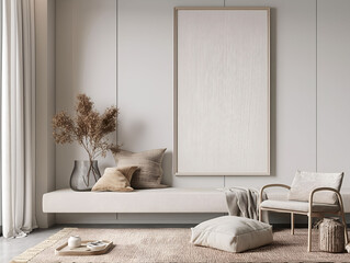 Aesthetic minimalist room interior design. Mockup picture frames. Mock up poster on the walls. Copy space. Scandi apartment for decoration. Neutral colors. Modern japandi style.
