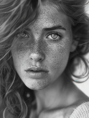 Fototapeta premium Close-Up Portrait of a Young Woman with Freckles in Black and White