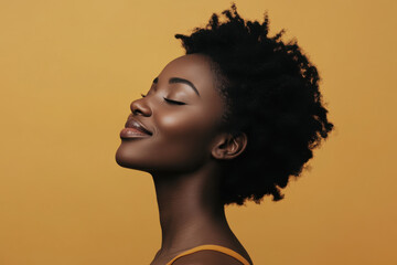 A close up of a black woman's face with her eyes closed