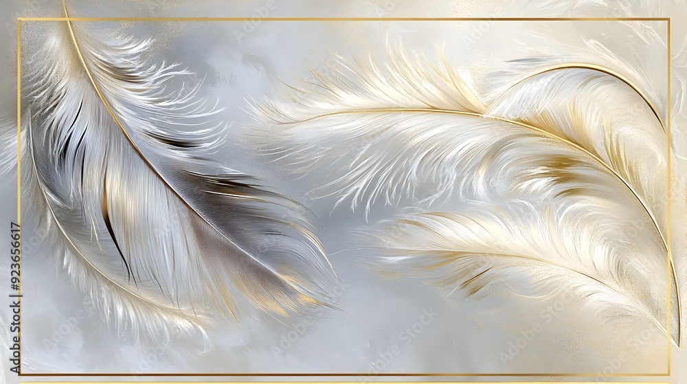 Poster elegant and ethereal feathers in soft golden tones with minimalist frame