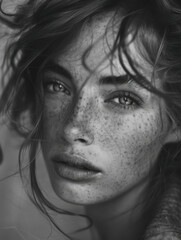 Close-up Portrait of a Freckled Woman in Monochrome
