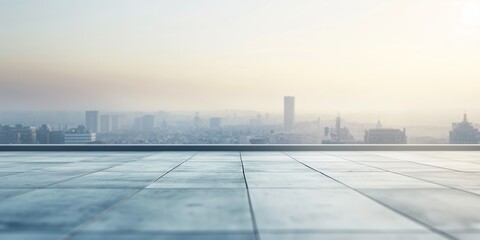 A serene city skyline view with an expansive, empty terrace in the foreground under a soft, hazy sky.