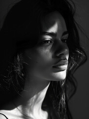 Dramatic Black and White Portrait of Young Woman in Sunlight