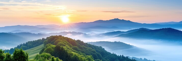 Breathtaking sunrise over rolling mountains with misty clouds creating a serene and tranquil atmosphere. Perfect for nature and landscape enthusiasts.