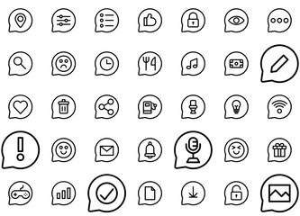 Set Of Chat Bubble Isolated Silhouette Solid Icons With Talk,Chat,Conversation,Chat-Bubble,Speech-Bubble Simple Black Style Symbol Sign For Apps And Website, Vector Illustration