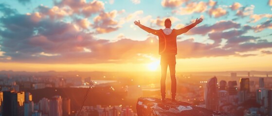 Man standing on rooftop with arms wide open, embracing a stunning sunrise over a city skyline, symbolizing freedom and achievement.