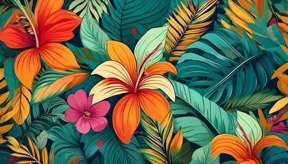 Fototapeta premium Tropical Pattern Illustration Focus on a pattern with tropical elements like leaves and flowers, with vibrant colors, with a tropical background