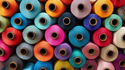 Colorful spools of thread are neatly arranged in a bright, creative workspace